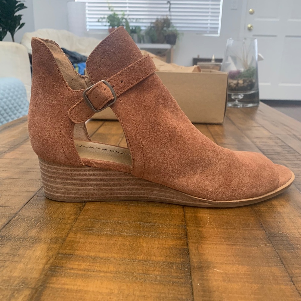 Lucky Reemas suede peep toe wedge bootie sandal
